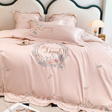 Xpoko High End Rose Flowers Embroidery Duvet Cover Set Luxury Pink/Beige Egyptian Cotton Princess Bedding Bed Sheet Pillowcases