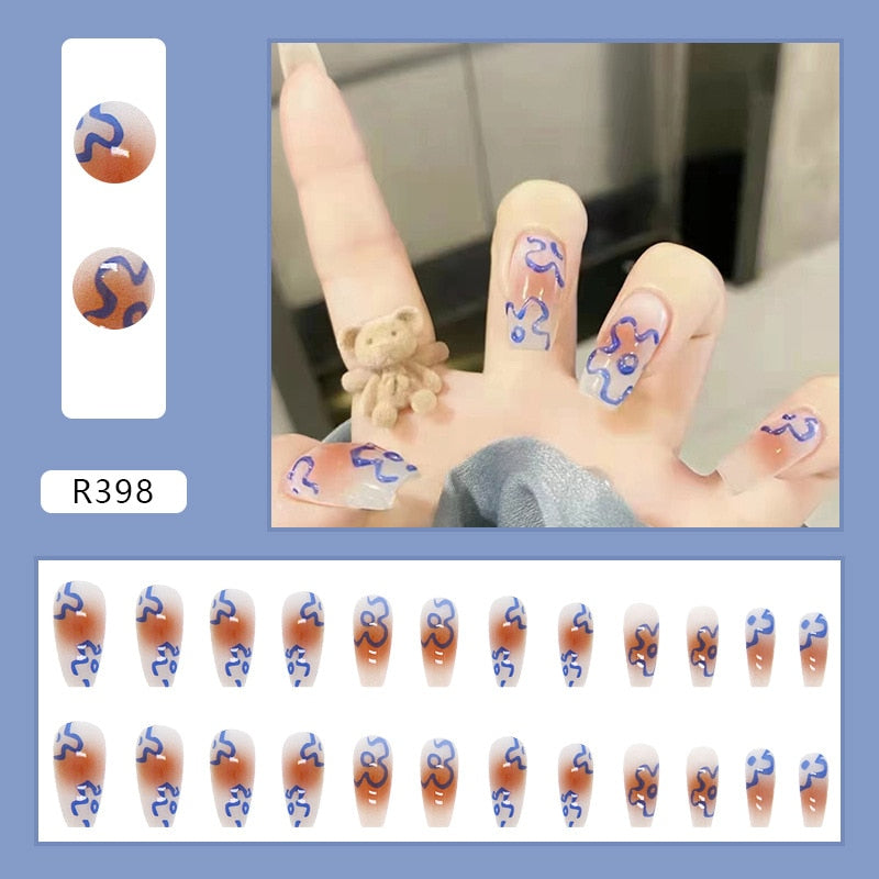 R398 Blue Flower Bown Ombre Nails Set Press on Ballerina Fingernails