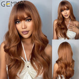 Synthetic Wig Long Wave Ombre Brown White Blonde Wavy Wigs With Bangs For Women Party Cosplay Heat Resistant Fiber Hair