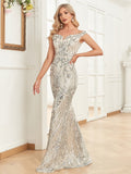 Xpoko Elegant V Neck Silver Sequin Evening Dress 2023 Women Sleeveless Party Maxi Mermaid Dress Long Luxury Prom Gown Dress