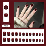 Xpoko 24Pcs Shiny Short Square False Nail With Sticker Wine Red Classic French Artificial Fake Nails DIY Full Cover Tips Manicure Tool
