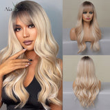Back to School Long Water Wave Synthetic Wigs With Bangs Ombre White Blonde Blue Cosplay Party Wigs For Women Heat Resistant Hair