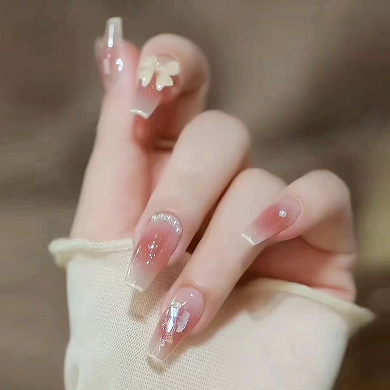 Xpoko 24pcs Wearable Pink Press On Fake Nails Tips With Glue false nails design Butterfly Lovely Girl false nails With Wearing Tools