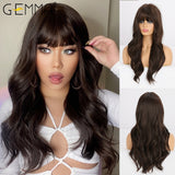 Long Water Wavy Synthetic Wigs with Bangs Natural Wave Dark Brown Cosplay Hair Wig for Women African Heat Resistant Fiber