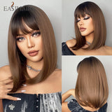 Xpoko EASIHAIR Brown Golden Women's Wigs With Bangs Medium Length Straight Hair Heat Resistant Synthetic Wigs For Women Daily Cosplay