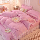 Xpoko back to school Purple Bedding Sets Kawaii Seersucker Bed Sheet Pillowcase Fashion Girl Princess Duvet Cover 4 Pieces Cute Home Decoration