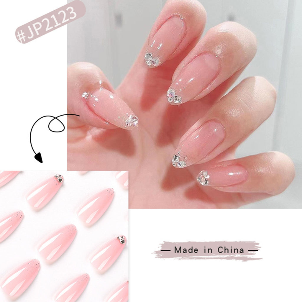 Fall nails Barbie nails Christmas nails 24pcs Korean Style Nude Pink False Nails Pointed Head Artificial Nails Tips with Diamond Design Almond Head Artifical nail Tips