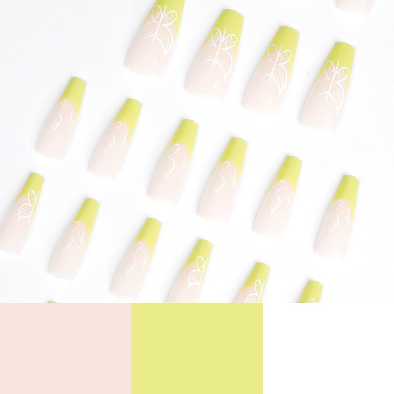 JP1619 Tender Green French Nails Set Press on with White Butterfly XL Length
