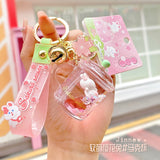 Back to School Creative Floating Cherry Blossoms Rabbit Keychain Liquid Oil Rabbit Moving Milk Tea Cup Acrylic Keyring Quicksand Key Chain Gift