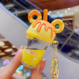 Xpoko Back to School Cartoon Milk Tea Cup Liquid Quicksand Keychain Mickey Head Cute Donut Sequin Keyring Charm Bag Car Pendant Keyholder For Women