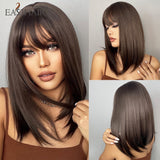 Xpoko EASIHAIR Brown Golden Women's Wigs With Bangs Medium Length Straight Hair Heat Resistant Synthetic Wigs For Women Daily Cosplay