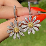 Xpoko Big Sunflower Pendant Earrings For Women Crystal Inlay Gold Flower Charm Hanging Earrings Teens Girls Cute Fashion Ear Jewelry
