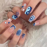 24Pcs Press On Nails French Ballet False Nails Blue Heart Flame Pattern Full Cover Tips Line Detachable 2022 DIY Fake Nails Art