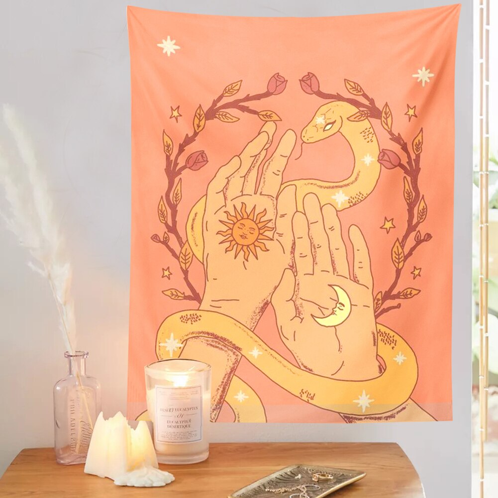 Magic Sun Moon Tapestry Wall Hanging  Floral Pink Aesthetic Bohemian Decor Trippy Snake Starry Sky Divination Retro Home Decor