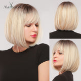 Back to School Short Straight Ombre Brown Blonde Bob Wig With Bangs Synthetic Hair Wig For Women Cosplay Lolita Heat Resistant Fiber