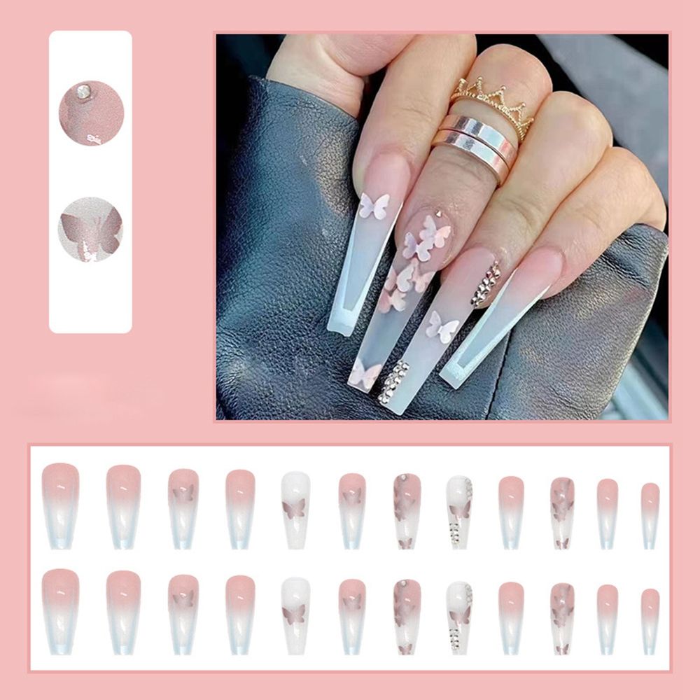 Xpoko Golden Butterfly Pattern False Nails With Diamond Full Cover Fake Nails Glue Manicure Nail Art Tools Long Coffin Ballerina Nails