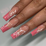 JP1617 Pink French Nails Set Press on with Butterfly Design XL Length