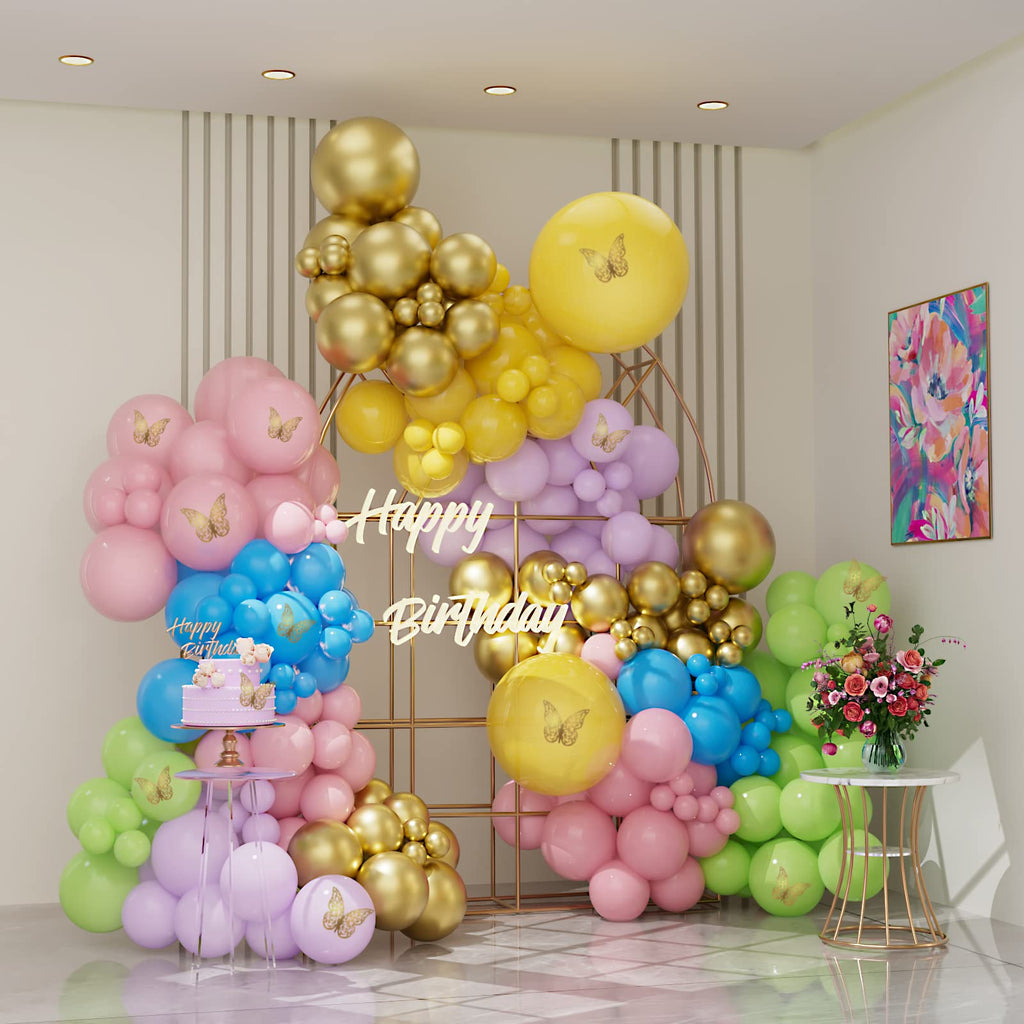 173 Pcs Macaron Pink Blue Metallic Gold Yellow Balloon Garland Arch Set Butterfly Party Baby Shower Wedding Birthday Decorations