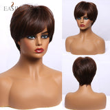 Xpoko EASIHAIR Short Bob Brown Synthetic Wigs With Bang Layered Straight Natural Hairs For Women Daily Cosplay Heat Resiatant Fibers