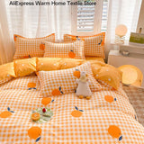 Xpoko back to school INS Orange Checkerboard Duvet Cover Bed Sheet Pillowcases Twin Full Double Size Floral Bedding Set Decor Home For Kids Girls