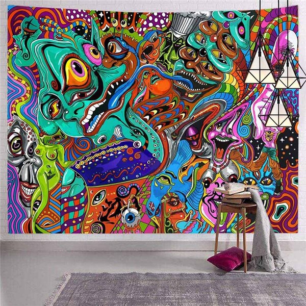 Trippy Tapestry Psychedelic Abstract Monster Tapestry Wall Hanging Tapestry Bohemian Arabesque Wall Art Fantasy Magical Fractal