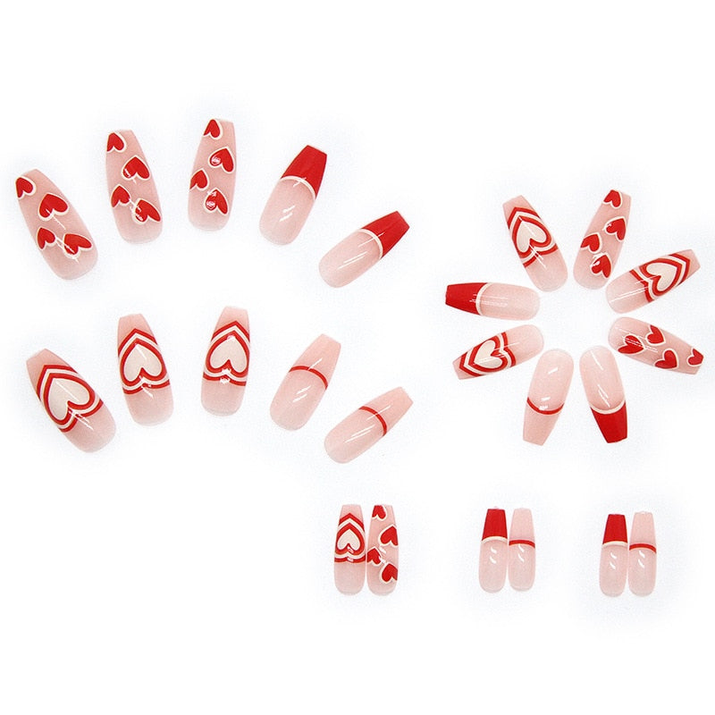 R437 Red Sweetie Nude Nails Set Press on Long Length