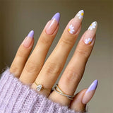 Xpoko Purple French Nails Press on Fake Fingernails with White Flower Design