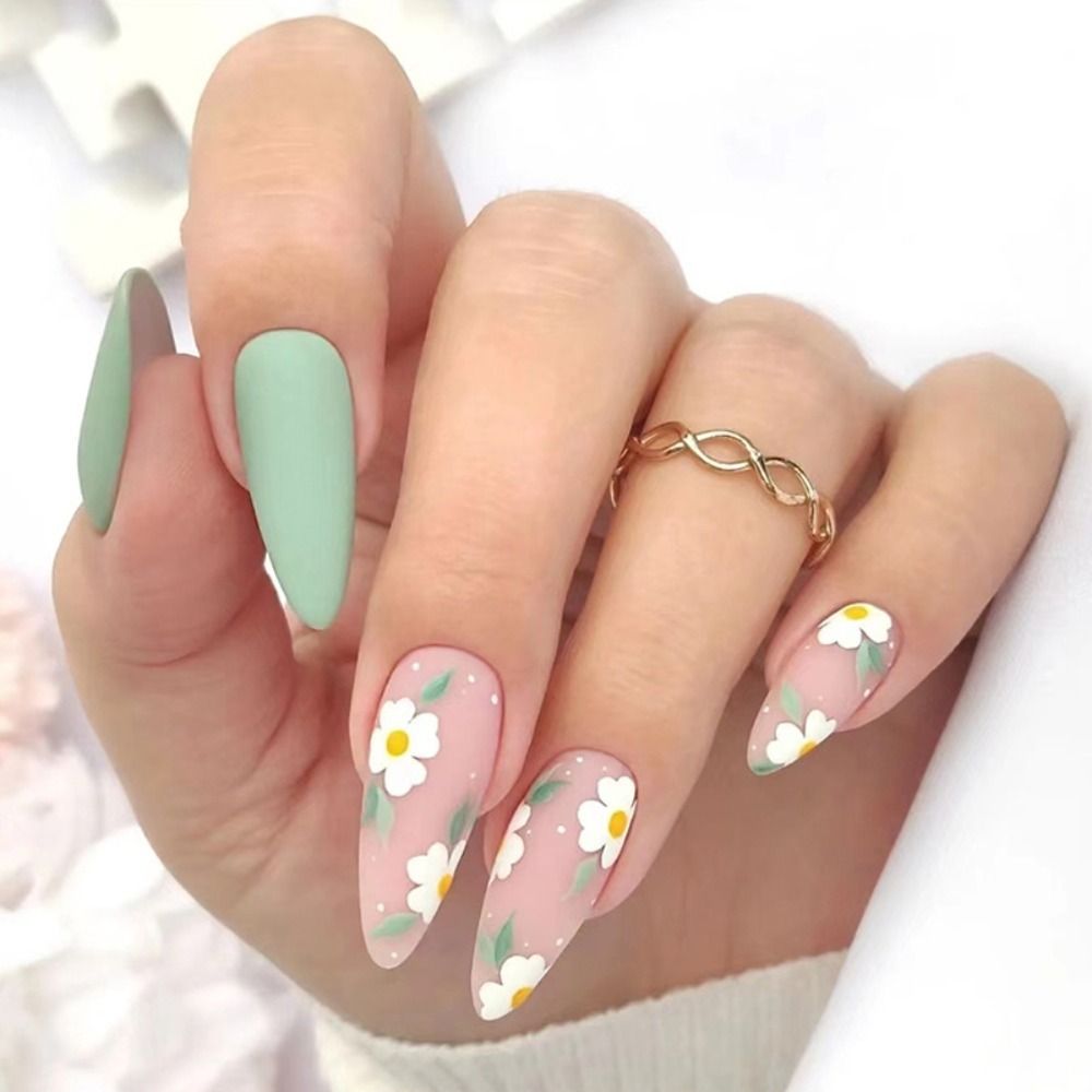Xpoko 24Pcs Red Heart Pattern Almond False Nails With Flower Wearable French Stiletto Fake Nails Full Cover Nail Tips Press On Nails