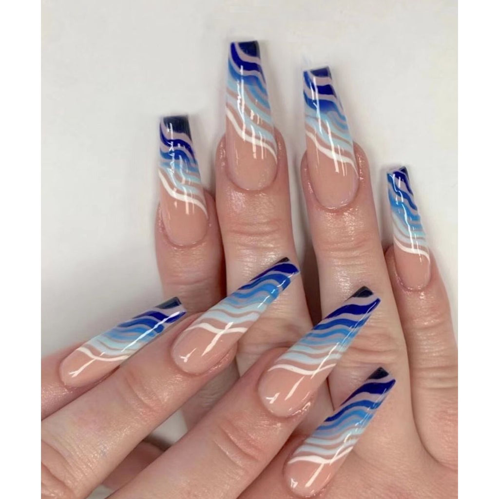 Xpoko 24Pcs Fake Nails With Design Waves Full Cover Acrylic Press On Detachable Long Coffin Ballerina Nails Finished Fingernail