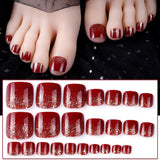 Xpoko 24Pcs Fashion Wine Red Acrylic Fake Toenails With Glue Square Glitter Press On Nails For Foot Articficial False Toenail For Girl