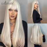 Xpoko EASIHAIR Long Straight Wine Red Synthetic Wigs With Bang For Women Heat Resistant Natural Hair For Daily Halloween Cosplay Party