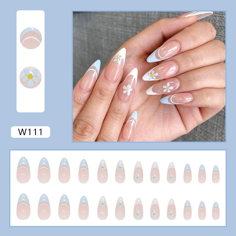 W111 White French Almond Nails Press on Set with Design