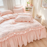 Xpoko back to school Vintage Nordic Pastoral Artistic 100% Cotton Ruffles 4Pcs Bedding Set Plant Pattern Quilt Cover Linen Pillow Shams pink sheet