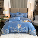 Blue Satin Cotton Bedding Set Europe Flowers Embroidery Duvet Cover Solid Color Bedspread Sheet Pillowcases Home Textile