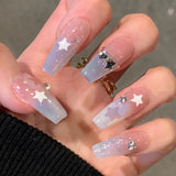 Xpoko Fall nails Barbie nails Christmas nails 24pcs Glitter Star Fake nails Gradient Blue Shiny Sky Design Long Coffin Ballet Artificial Nail Tips for Girl with Jelly Glue
