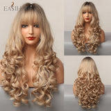 Xpoko EASIHAIR Platinum Blonde Wavy Wigs With Bangs Natural Heat Resistant Long Hairs With Dark Root For Women Daily Party Cosplay