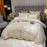 Xpoko Luxury Chic Embroidery Bedding Set Beige Satin Cotton Duvet Cover Bedspread Bed Sheet Pillowcases Solid Color Home Textile