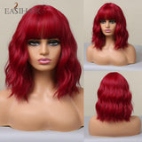 Xpoko EASIHAIR Long Bobo Brown Wigs With Bang Medium Length Curly Wavy Synthetic Wigs For Women Daily Party Heat Resistant Fiber Hairs