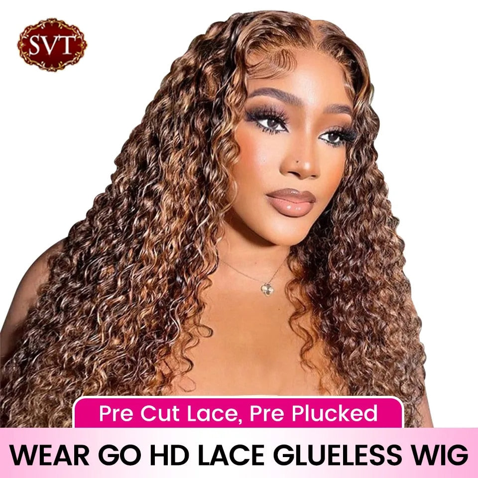 Xpoko 12A Glueless Wear And Go Pre Cut HD Lace Closure Wig 4-27 Highlight 5x5 Breathable Air Wig Deep Wave Human Hair Wigs For Women