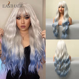 Xpoko EASIHAIR Platinum Blonde Wavy Wigs With Bangs Natural Heat Resistant Long Hairs With Dark Root For Women Daily Party Cosplay