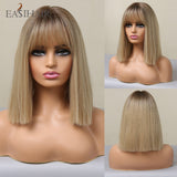 Xpoko EASIHAIR Brown Golden Women's Wigs With Bangs Medium Length Straight Hair Heat Resistant Synthetic Wigs For Women Daily Cosplay