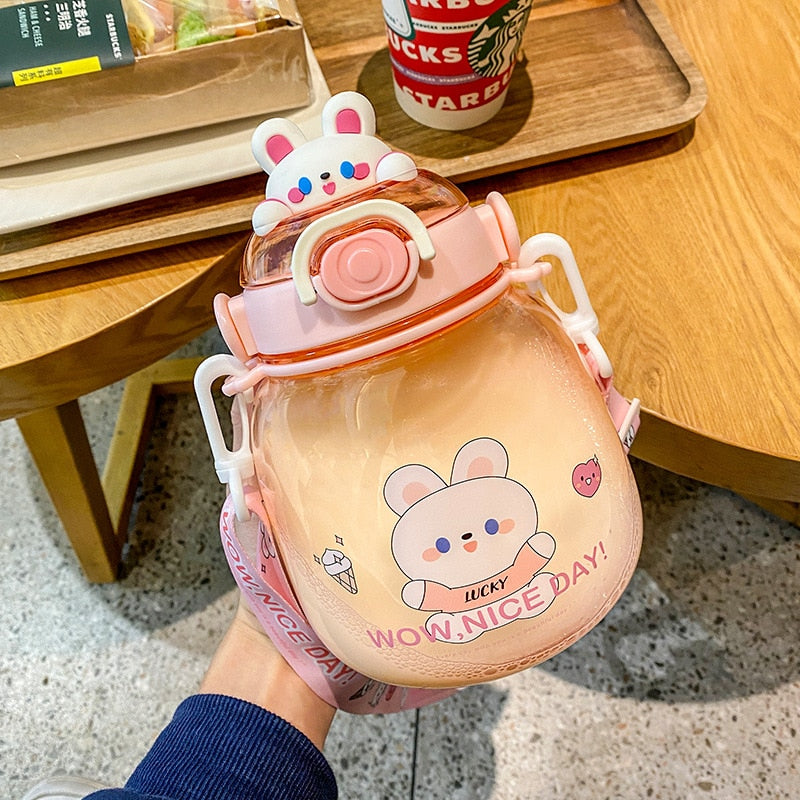 Back to school guide Kawaii Bear Water Bottle Large Capacity Tumbler Mug For Girls Kids Juice Drinking Bottle Portable Sport Drinking Cup With Straw