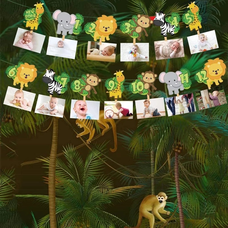Xpoko 1st Jungle Animal Birthday Photo Banner Garland 12 Month Bunting Safari Wild One Year Baby Birthday Party Decoration Supplies