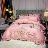 Xpoko Luxury Chic Embroidery Bedding Set Beige Satin Cotton Duvet Cover Bedspread Bed Sheet Pillowcases Solid Color Home Textile