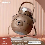 back to school 1000ML Kawaii Bear Kettle Straw Water Cup Stainless Steel Large Capacity Straw Drinking Cup Cute Children Water Bottle for Girl