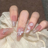 Fall nails Barbie nails Christmas nails French Style False Nails Glitte Bow Design Fake Nail Patch False Nail Patch Mid Length Coffin Ballerina Acrylic Artificial Nails