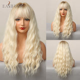 Xpoko EASIHAIR Platinum Blonde Wavy Wigs With Bangs Natural Heat Resistant Long Hairs With Dark Root For Women Daily Party Cosplay