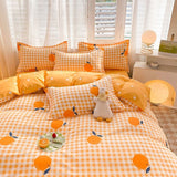 Xpoko back to school INS Orange Checkerboard Duvet Cover Bed Sheet Pillowcases Twin Full Double Size Floral Bedding Set Decor Home For Kids Girls