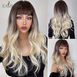 Xpoko EASIHAIR Platinum Blonde Wavy Wigs With Bangs Natural Heat Resistant Long Hairs With Dark Root For Women Daily Party Cosplay