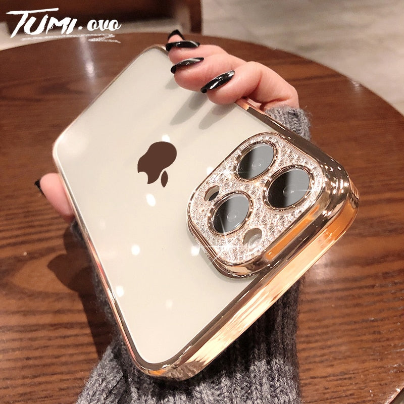 Back to School Luxury Glitter Diamond Clear With Lens Protector Case For Iphone 13 12 11 Pro Max XR XS X 8 7 Plus Clear Silicone Black Cover